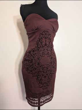 Mystic Strapless Burgundy Dress with Black Lace Motif